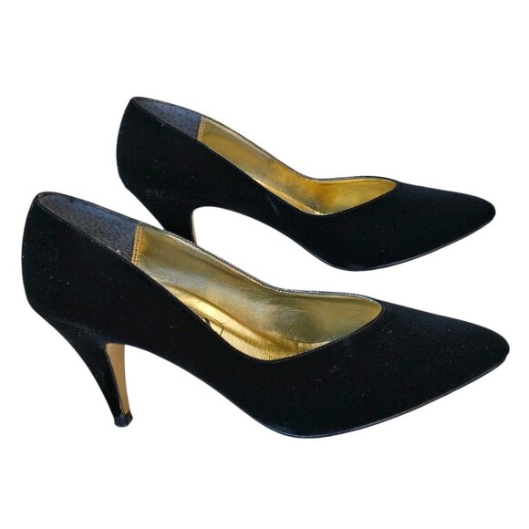 Vintage 90s Touch Of Nina Black Velvet Heels Pumps Shoes Leather Sole 6.5 M - Picture 2 of 16